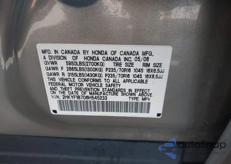 2006 Honda Pilot Ex-L from USA, damaged, VIN 2HKYF18706H545233